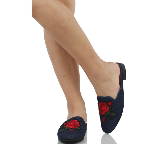 Blue Rose Embroidery Backless Slip On Loafer Mule - Picture 6 of 6